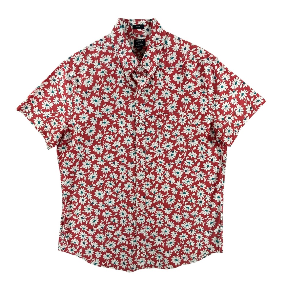 J.Crew Flex Washed Slim Fit Shirt Mens L Red Floral Daisy Short Sleeve Button